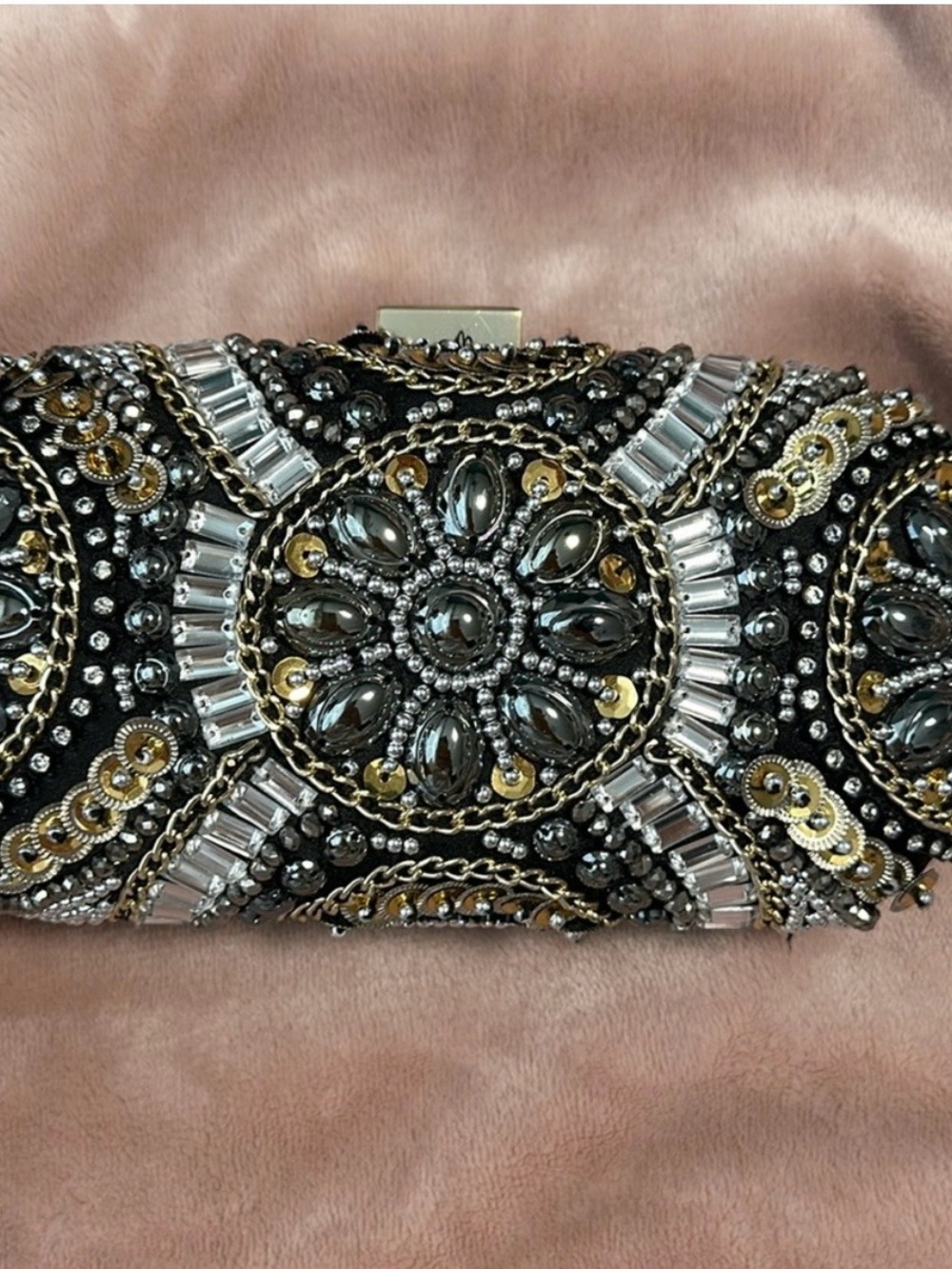 Macy’s, Black Beaded Embellished Clutch Evening Bag w Gold & Silver Accents NEW